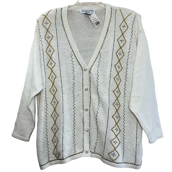 NWT Victoria Jones beautiful beaded eggshell white cardigan sweater size 3X - Picture 1 of 10